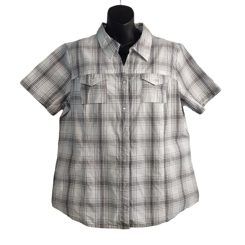 Christopher & Banks Button Down Shirt Women's White PlaidShortsleeve Sz L NWT
